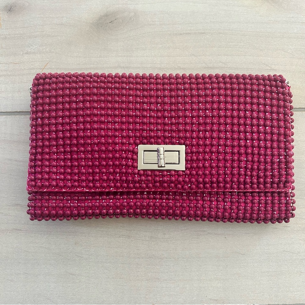 NWT BCBGMaxAzria Pink Beaded Silver Chain Strap Clutch Handbag